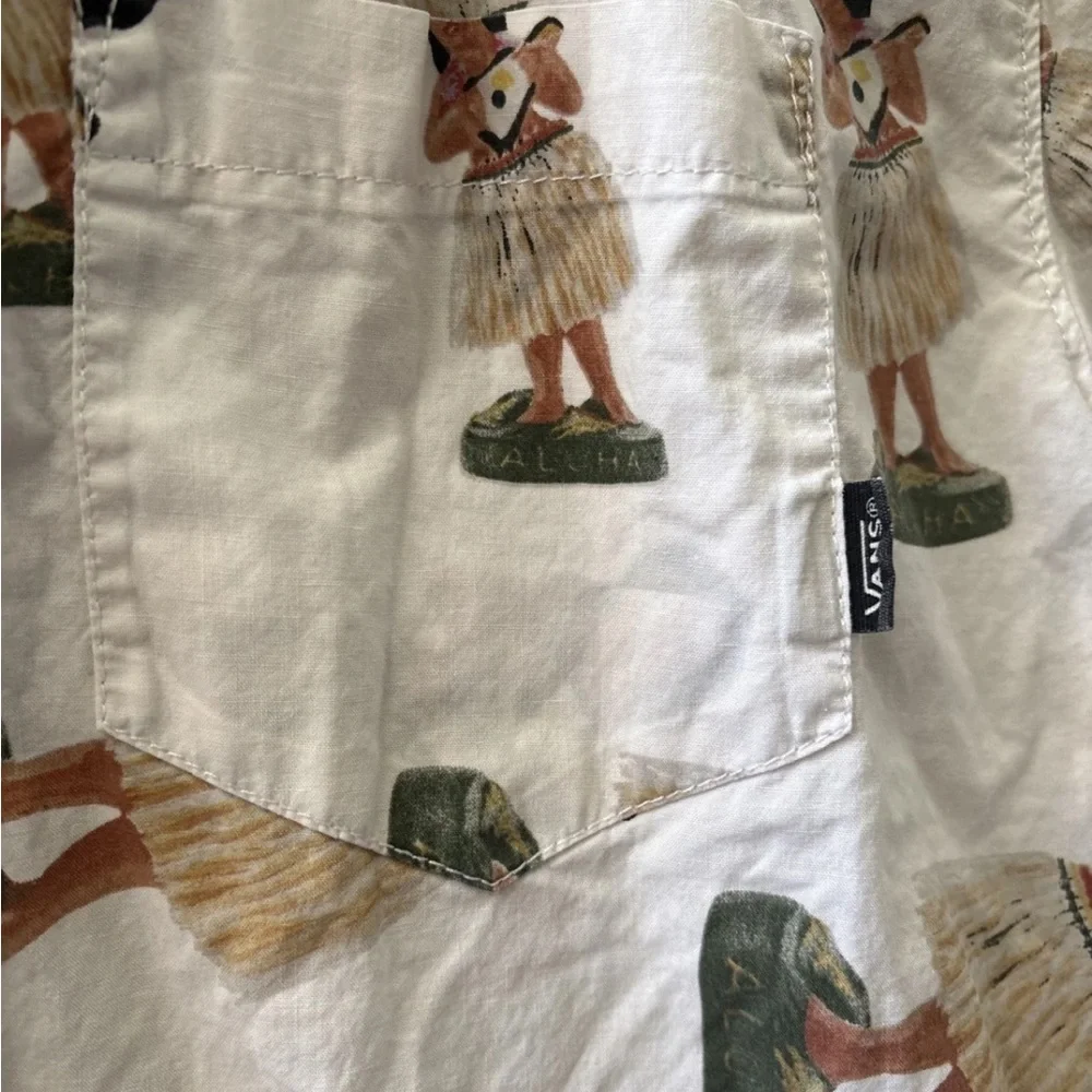 Vans Mens Short Sleeve Button Up White Shirt Hawaiian Hula Girl Sz Medium - Picture 5 of 9
